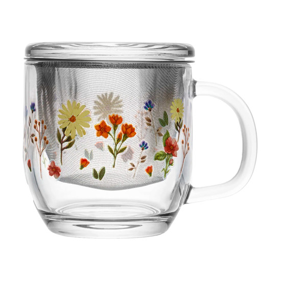 Imagem CANECA COM INFUSOR E TAMPA PRIMAVERA COM FLORES AMARELAS 330ML VIDRO - LYOR