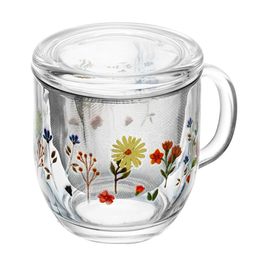 Imagem CANECA COM INFUSOR E TAMPA PRIMAVERA COM FLORES AMARELAS 330ML VIDRO - LYOR