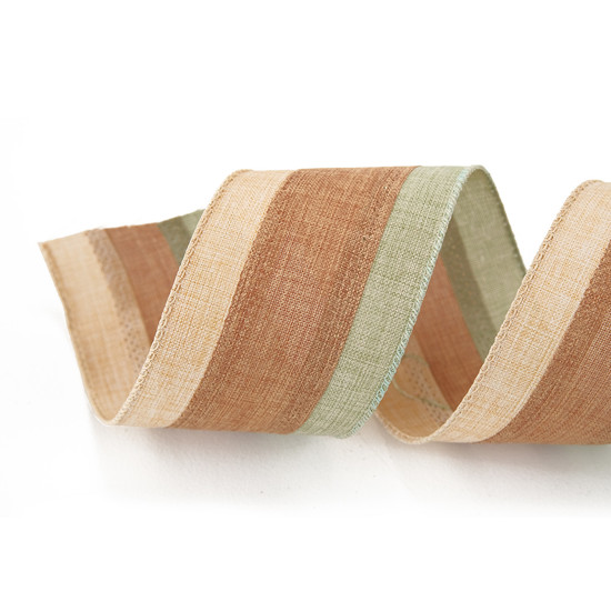 Imagem FITA DECORATIVA LISTRADA BEGE MARROM E VERDE EM POLIÉSTER 6,3CM X 9,14M - CROMUS