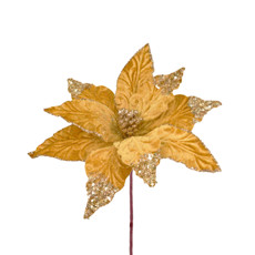 Imagem de HASTE DECORATIVA DE POINSÉTIA DOURADA AVELUDADA COM GLITTER EM POLIÉSTER - GRILLO - Grillo Ltda