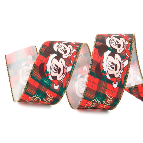 Imagem FITA ARAMADA XADREZ FELIZ NATAL MICKEY E MINNIE DE POLIÉSTER 6,3CM X 9,14M - CROMUS