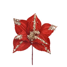 Imagem de HASTE DECORATIVA DE POINSÉTIA VERMELHA AVELUDADA COM GLITTER EM POLIÉSTER - GRILLO - Grillo Ltda