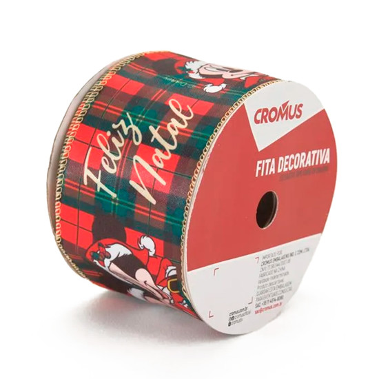 Imagem FITA ARAMADA XADREZ FELIZ NATAL MICKEY E MINNIE DE POLIÉSTER 6,3CM X 9,14M - CROMUS