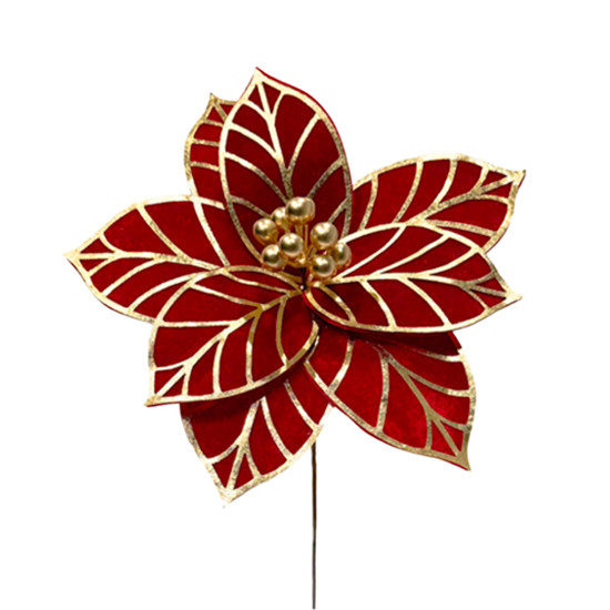 Imagem HASTE DECORATIVA DE POINSÉTIA VERMELHA E DOURADO DE TECIDO E METAL 25CM - GRILLO