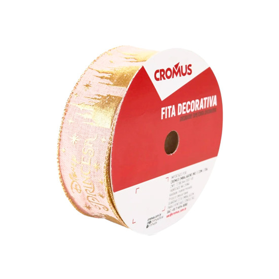 Imagem FITA ARAMADA ROSA E DOURADA PRINCESA DISNEY E CASTELOS 6,3CM X 9,14M - CROMUS