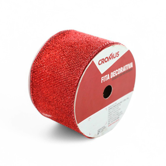 Imagem FITA ARAMADA VERMELHA DECORATIVA DE POLIÉSTER 6,3CM X 4,57M - CROMUS