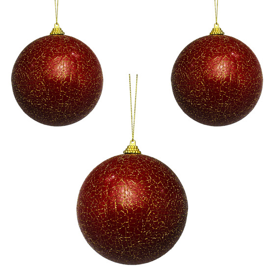 Imagem CONJUNTO 3 BOLAS VERMELHAS CRQUELADAS COM DETALHES DOURADOS DE PLÁSTICO 10CM - TUUT