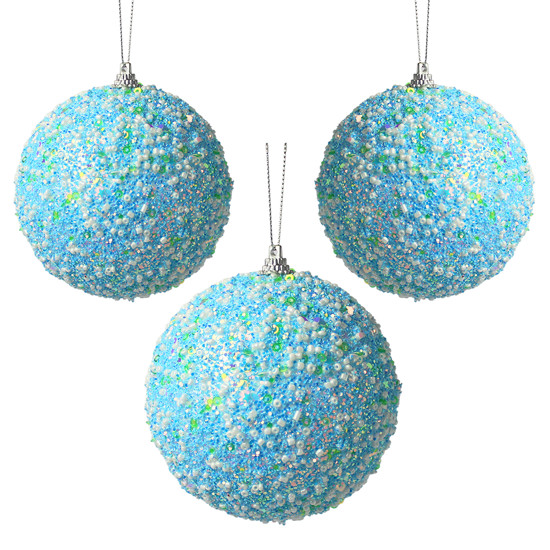 Imagem CONJUNTO 3 BOLAS DECORADAS AZUL CLARO COM GLITTER DE PLÁSTICO 10CM - GRILLO