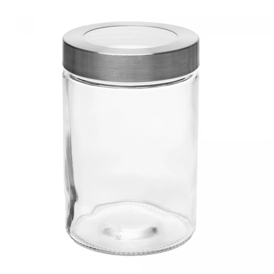 Imagem POTE DE VIDRO 1,29L COM TAMPA PRATA COM VISOR ACRILÍCO 17X11X11CM - LYOR