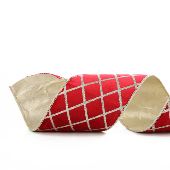 Imagem FITA ARAMADA VERMELHA AVELUDADA COM LISTRAS PRATEADAS COM GLITTER - CROMUS