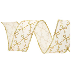 Imagem de FITA ARAMADA DECORATIVA BRANCA COM LAÇOS DOURADOS COM GLITTER - CROMUS - Cromus Embalagens Ind E Com Ltda