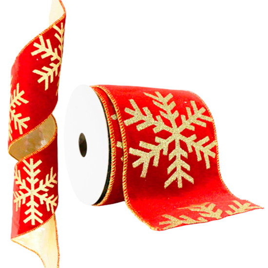 Imagem FITA NATALINA ARAMADA VERMELHA E DOURADA FLOCO DE NEVE 9CM X 9,14M - DINATALE