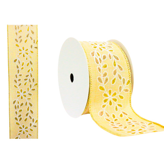 Imagem FITA NATALINA ARAMADA BRANCA E DOURADA 6,3CM X 9,14M - DINATALE