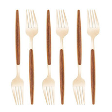 Imagem de CONJUNTO 06 GARFOS EM AÇO INOX PARA MESA COM CABO EM ESTAMPA DE MADEIRA COR DOURADO - LYOR  - Coliseu Presentes Ltda