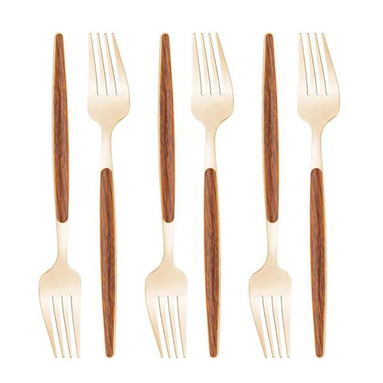 Imagem CONJUNTO 06 GARFOS EM AÇO INOX PARA MESA COM CABO EM ESTAMPA DE MADEIRA COR DOURADO - LYOR 