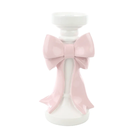 Imagem PORTA-VELAS BRANCO DE RESINA COM LAÇO ROSA 25X13X11CM - CROMUS