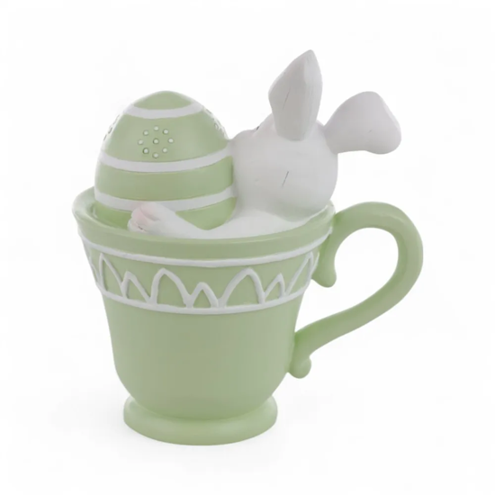 Imagem CANECA VERDE DECORATIVA DE RESINA COM COELHO BRANCO 15X14X10CM - CROMUS