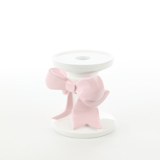 Imagem PORTA-VELAS BRANCO DE RESINA COM LAÇO ROSA 18X10X10CM - CROMUS
