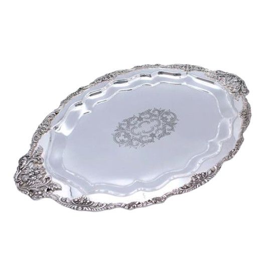 Imagem BANDEJA DECORATIVA AGUEDA  BORDA TRABALHADA REDONDA BANHADA EM PRATA 48X31 CM