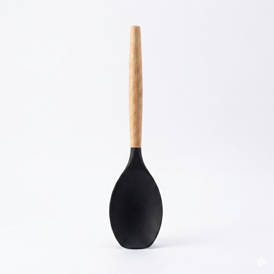Imagem COLHER DE SILICONE PRETO COM CABO DE MADEIRA - 31,5X6,7X1,7  